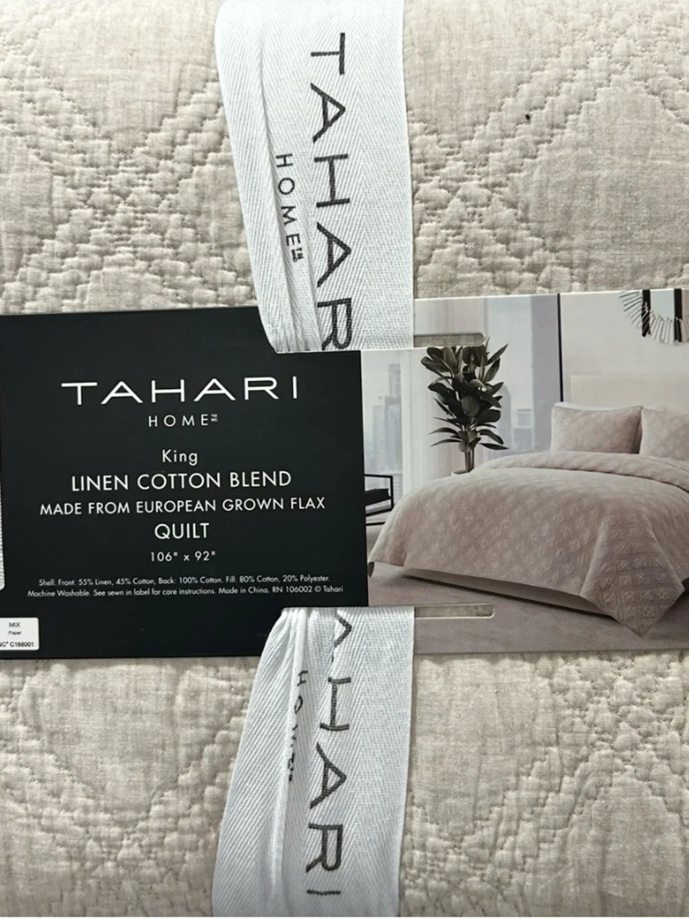 Tahari Natural King Linen Cotton Blend Quilt  European Grown Flax 106”x92”